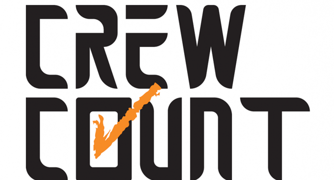 A logo with the words Crew Count written in black with a white background, and an orange checkmark in the O. 
